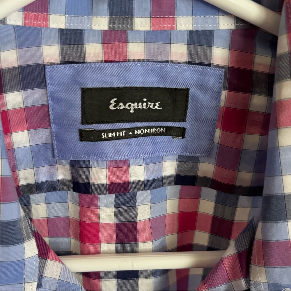 ESQUIRE Men's Check Shirt Size 15 32/33 Slim Fit Non-Iron Long Sleeve